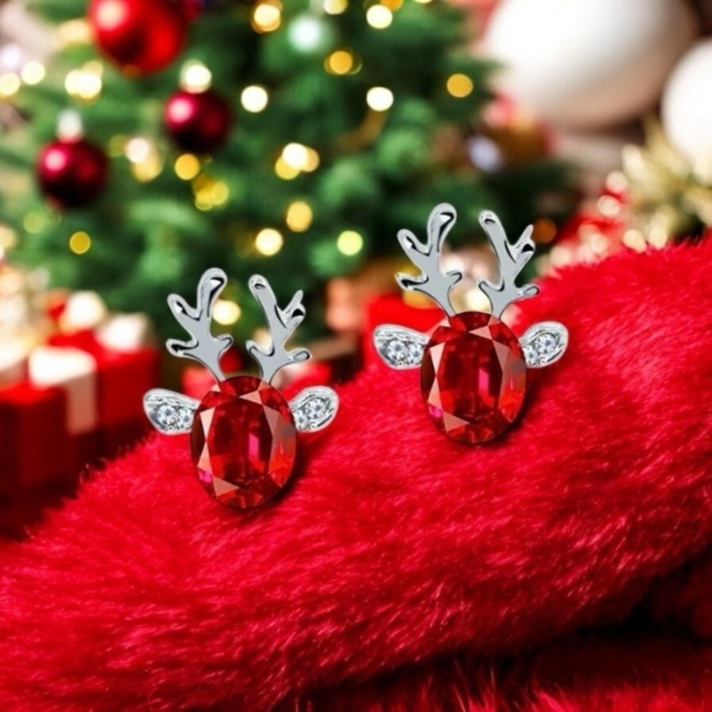 Elegant Reindeer Earrings Antler Red Stone Stud 🎄✨Women Girls Christmas Jewelry